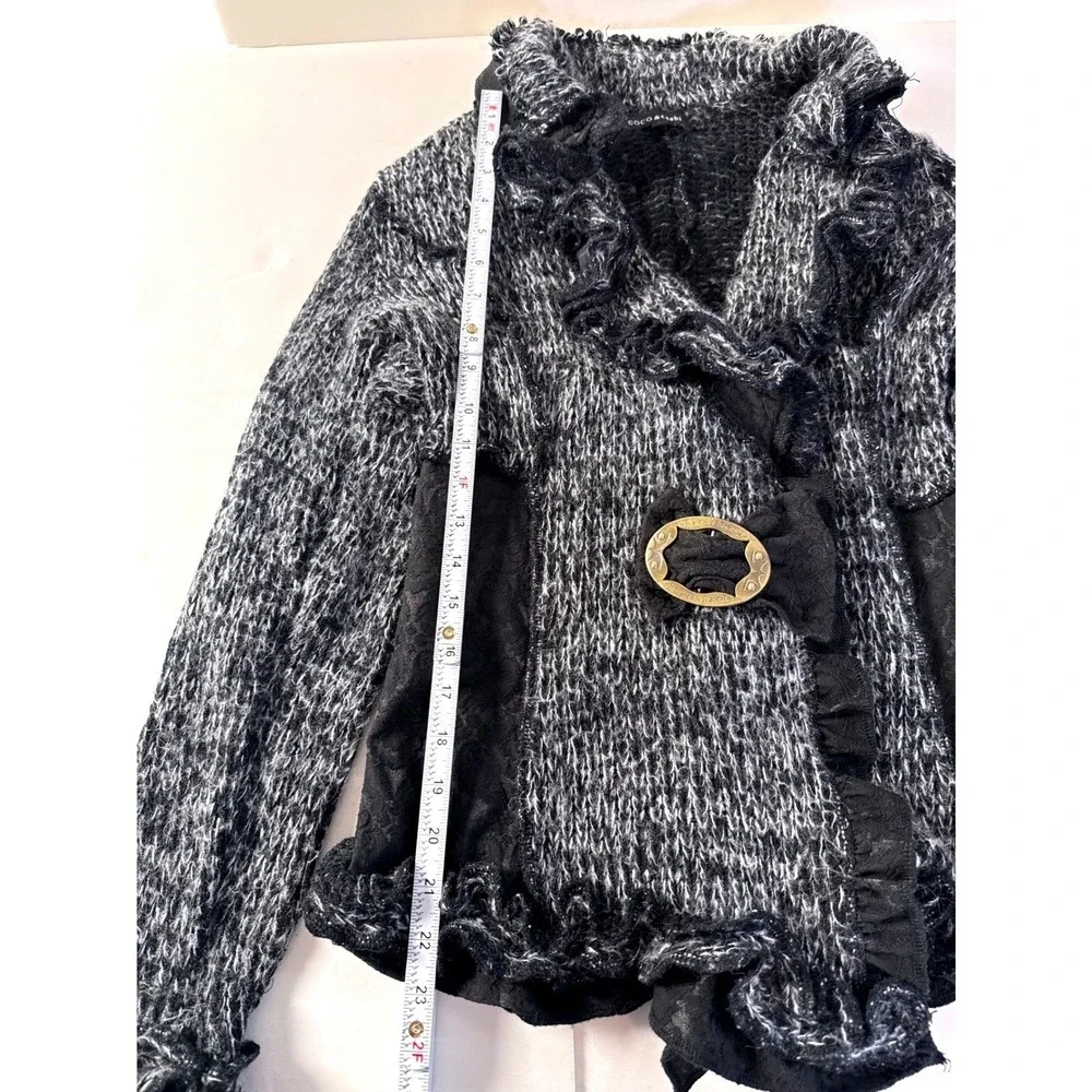 COCO & TASHI Black White Marled Ruffle Lace Cardigan Sweater‎ Women's L Office